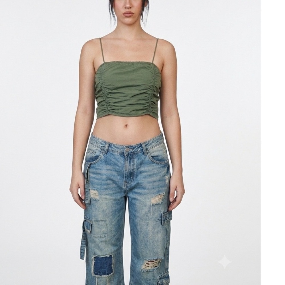 NWT Y2K Honey Peach Forever 21 Olive Ruched Woven Cami Nylon Cropped Top Gorp S